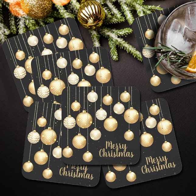 Posavasos Cuadrado De Papel Ornamentos navideños Gold Baubles en negro (Subido por el creador)