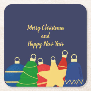 Posavasos Cuadrado De Papel Ornamentos vintage de Navidad Azul oscuro