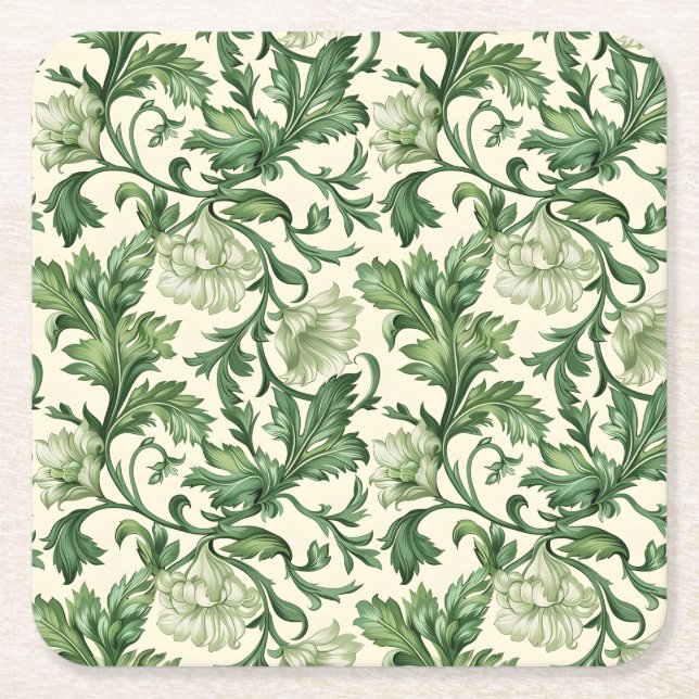 Posavasos Cuadrado De Papel Ornate dark green acanthus leaves pattern (Anverso)