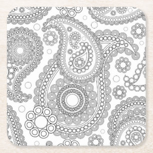 Posavasos Cuadrado De Papel Ornate Paisley blanco y negro