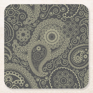 Posavasos Cuadrado De Papel Ornate Paisley negro y dorado delgado