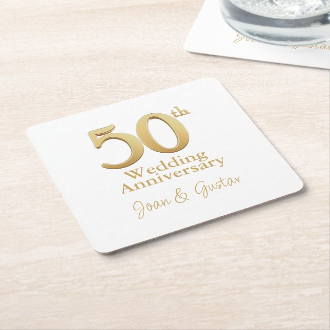 Posavasos Cuadrado De Papel Oro 50° Aniversario Boda | Blanca (En perspectiva)
