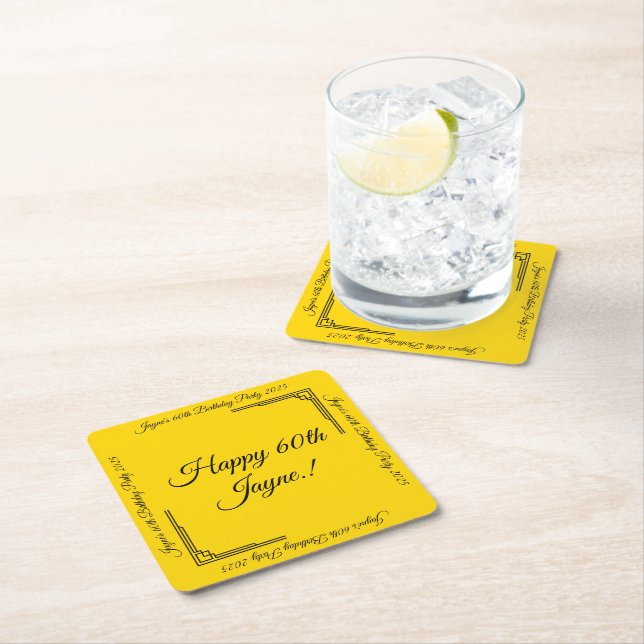 Posavasos Cuadrado De Papel Oro Art Deco en fiesta de cumpleaños negro (In situ)