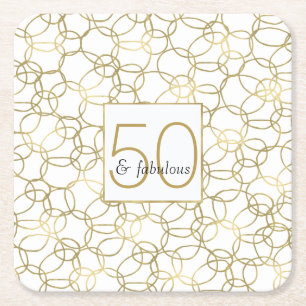 Posavasos Cuadrado De Papel Oro Blanco Glam Elegantes Círculos 50 y Fabulosos