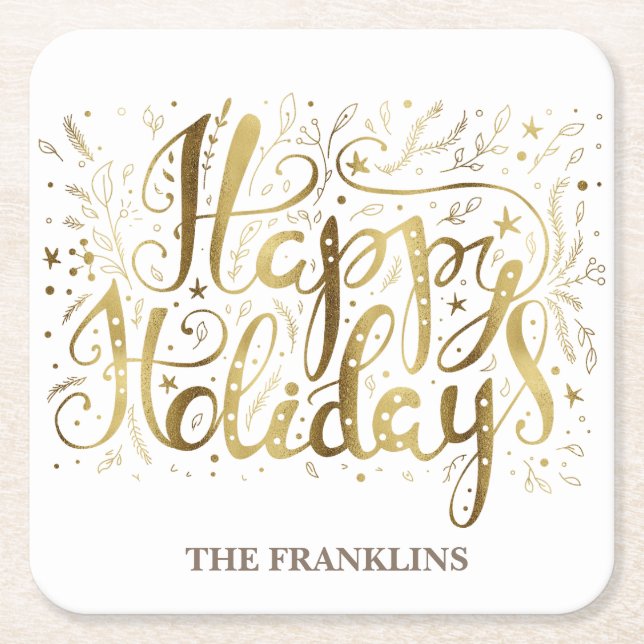 Posavasos Cuadrado De Papel Oro Blanco Script Felices Fiestas Navidad (Anverso)
