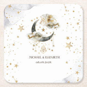 Posavasos Cuadrado De Papel Oro Celestial Luna Estrellas