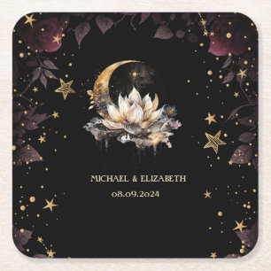 Posavasos Cuadrado De Papel Oro Celestial Sol,Luna,Estrellas Rosas Cielo Noctu