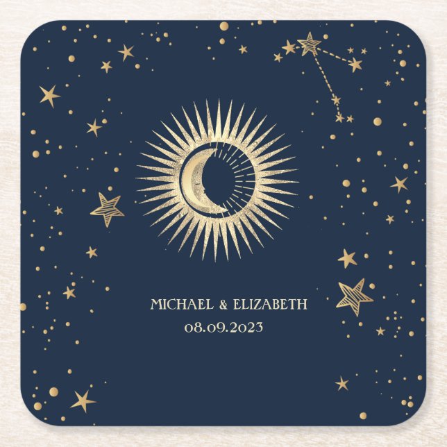 Posavasos Cuadrado De Papel Oro Celestial Sol Y Luna Estrellas (Anverso)