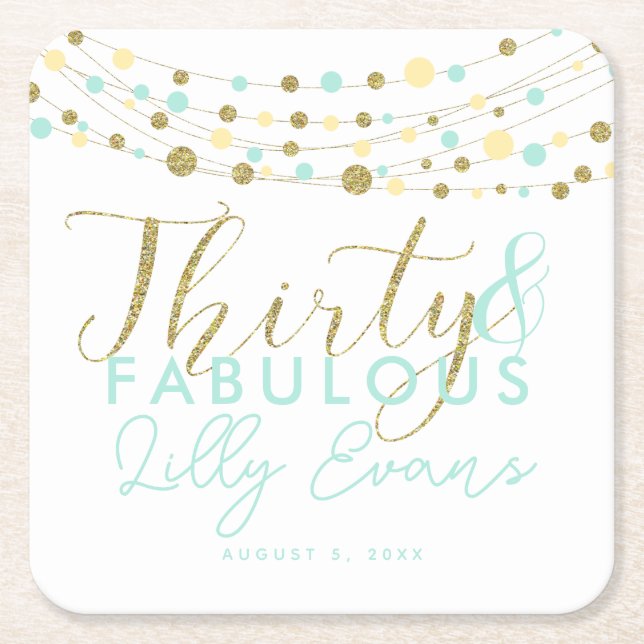 Posavasos Cuadrado De Papel oro de 30 años y gallos verde azulados personaliza (Anverso)