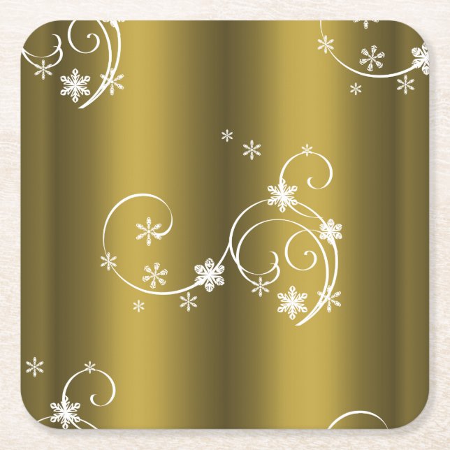 Posavasos Cuadrado De Papel Oro metálico, Navidades de Swirls Blancos (Anverso)