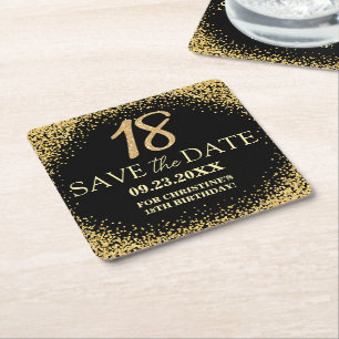 Posavasos Cuadrado De Papel Oro Negro Brillo Cumpleaños 18 Save the Date