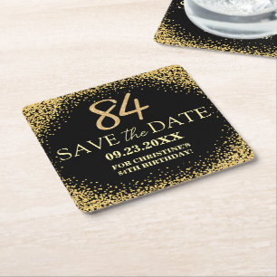Posavasos Cuadrado De Papel Oro Negro Glitter 84 Cumpleaños Salva la Fecha