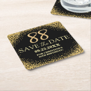 Posavasos Cuadrado De Papel Oro Negro Glitter 88 Cumpleaños Salva la Fecha