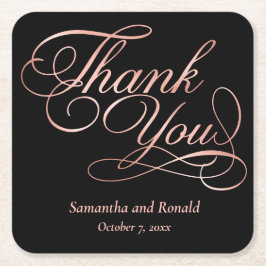 Posavasos Cuadrado De Papel Oro negro y Rosa Gracias Boda de caligrafía