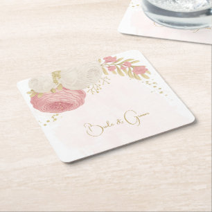 Posavasos Cuadrado De Papel Oro rosa y blanco romántico