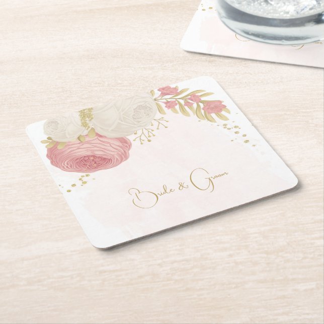 Posavasos Cuadrado De Papel Oro rosa y blanco romántico (En perspectiva)