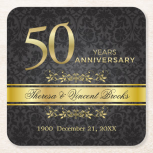 Posavasos Cuadrado De Papel Oro Swirls Black Damask 50 Aniversario Boda