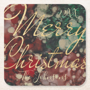 Posavasos Cuadrado De Papel Oro verde rojo navidades