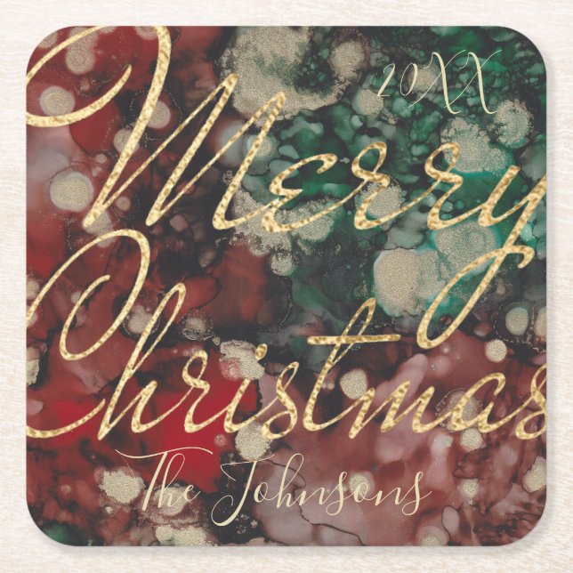 Posavasos Cuadrado De Papel Oro verde rojo navidades (Anverso)