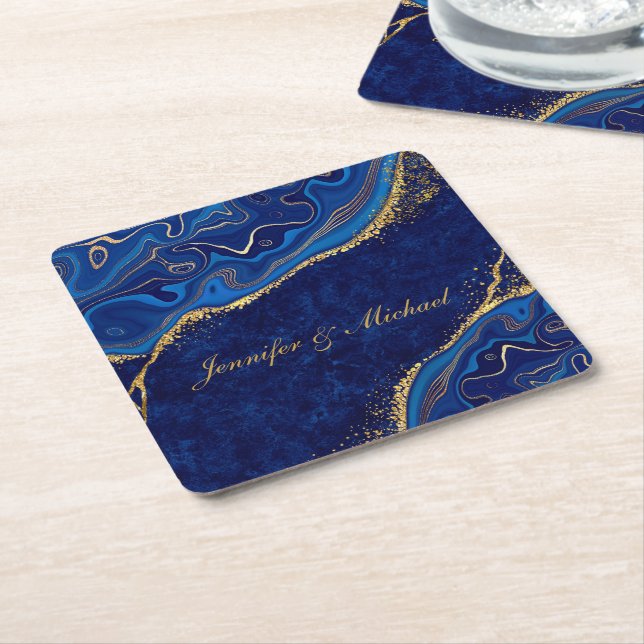 Posavasos Cuadrado De Papel Oro y Azul Boda Moderna Elegante Nombre Personaliz (En perspectiva)