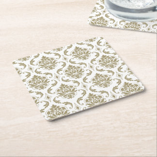 Posavasos Cuadrado De Papel Oro y modelo blanco del damasco del vintage