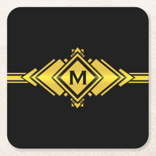 Posavasos Cuadrado De Papel Oro y monograma negro de la correa del art déco