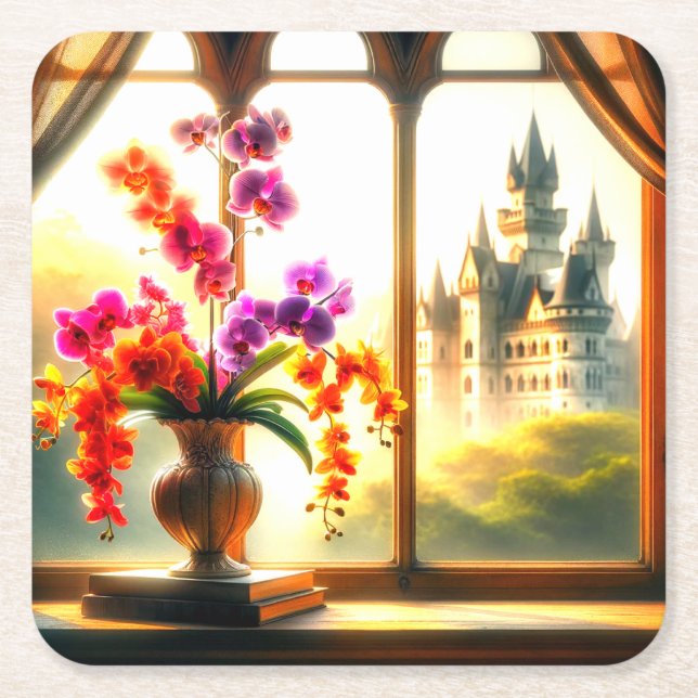 Posavasos Cuadrado De Papel Orquídeas (Anverso)