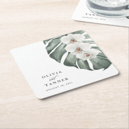 Posavasos Cuadrado De Papel Orquídeas blancas en el Boda tropical de Monstera