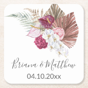 Posavasos Cuadrado De Papel Orquídeas Blancas Secas Palma Burgundy Floral Boda