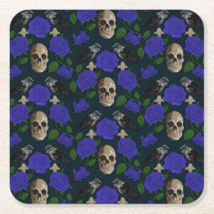 Posavasos Cuadrado De Papel Oscuro Rosa gótico de Grungy Vines Raven Skull azu