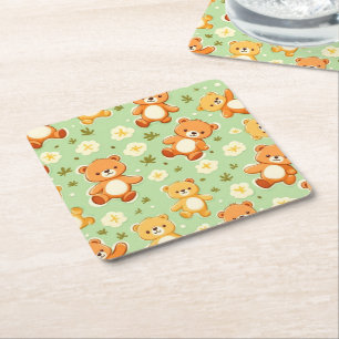 Posavasos Cuadrado De Papel Ositos de peluche lindos y patrón de hojas verdes