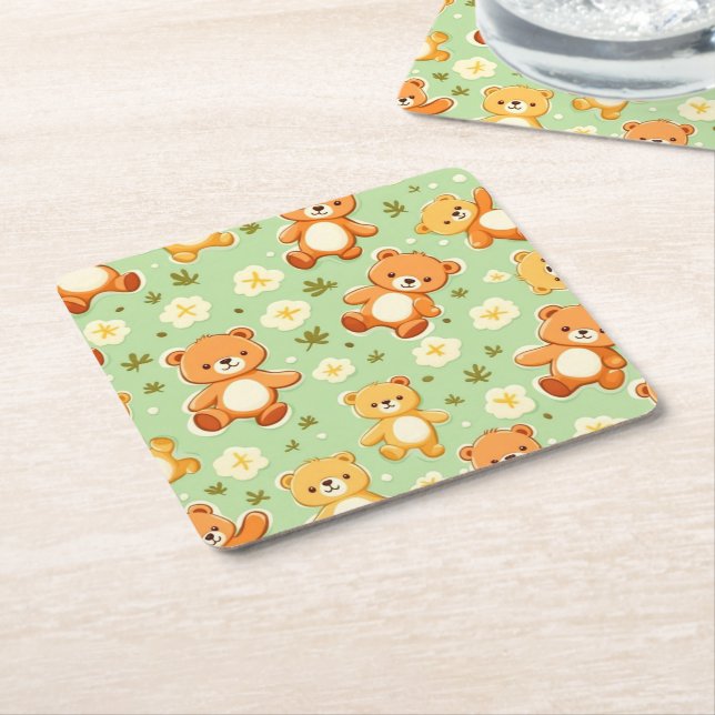 Posavasos Cuadrado De Papel Ositos de peluche y hojas patrón verde (En perspectiva)