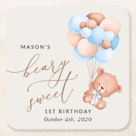 Posavasos Cuadrado De Papel Oso bebé, globos azules, primer cumpleaños