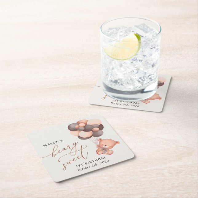 Posavasos Cuadrado De Papel Oso Bebé, Globos Marrones, Primer Cumpleaños (In situ)