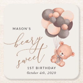 Posavasos Cuadrado De Papel Oso Bebé, Globos Marrones, Primer Cumpleaños