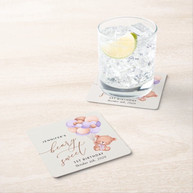 Posavasos Cuadrado De Papel Oso Bebé, Globos Púrpura, Primer Cumpleaños (In situ)