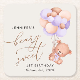 Posavasos Cuadrado De Papel Oso Bebé, Globos Púrpura, Primer Cumpleaños