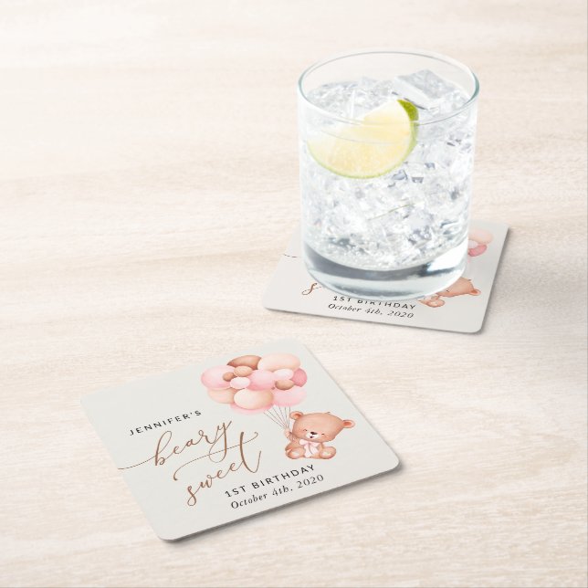 Posavasos Cuadrado De Papel Oso bebé, globos rosados, primer cumpleaños (In situ)