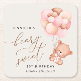 Posavasos Cuadrado De Papel Oso bebé, globos rosados, primer cumpleaños