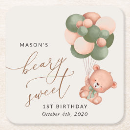 Posavasos Cuadrado De Papel Oso bebé, globos verdes, primer cumpleaños