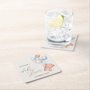 Posavasos Cuadrado De Papel Oso bebé, Oso de peluche, Globos azules, Baby Show