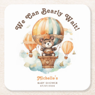 Posavasos Cuadrado De Papel Oso cutáneo de color con globos Baby Shower