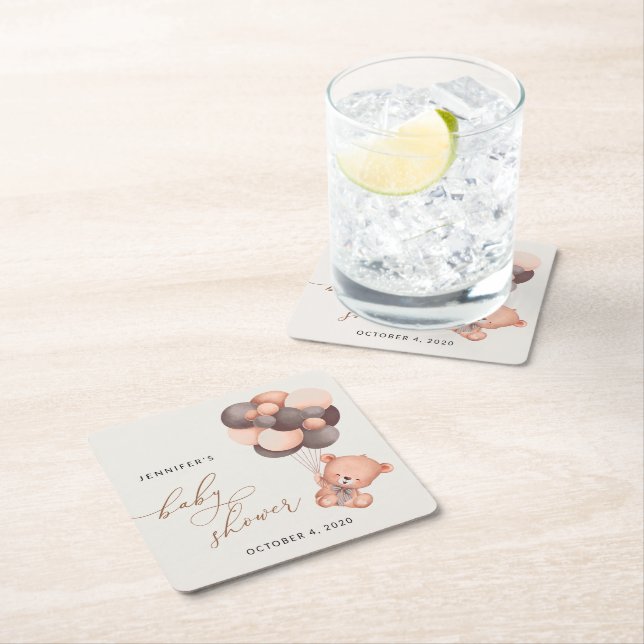 Posavasos Cuadrado De Papel Oso de Bebé, Oso de Teddy, Globos Marrones, Baby S (In situ)