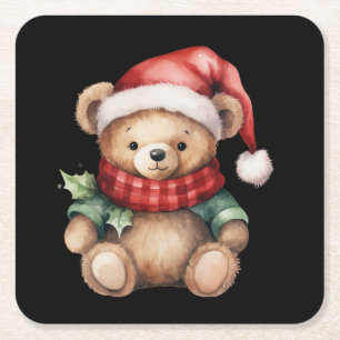 Posavasos Cuadrado De Papel Oso de peluche de Navidad con acuarela