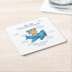 Posavasos Cuadrado De Papel Oso de peluche en un avión Baby Shower  