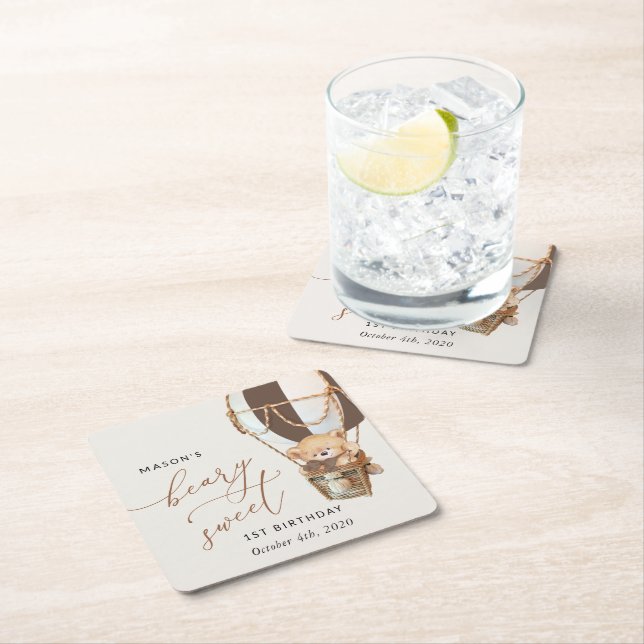 Posavasos Cuadrado De Papel Oso de peluche, globo de aire caliente marrón, pri (In situ)