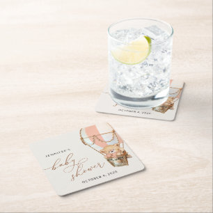 Posavasos Cuadrado De Papel Oso de peluche, globo de aire caliente rosado, Bab