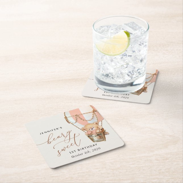 Posavasos Cuadrado De Papel Oso de peluche, globo de aire caliente rosado, pri (In situ)