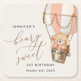 Posavasos Cuadrado De Papel Oso de peluche, globo de aire caliente rosado, pri