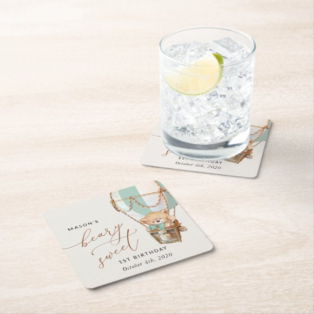 Posavasos Cuadrado De Papel Oso de peluche, globo de aire caliente verde, prim (In situ)